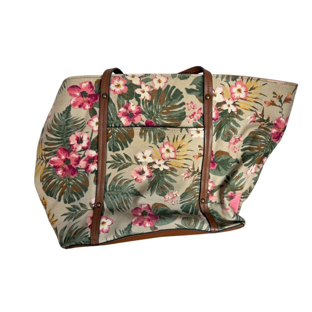 St. Johns Bay Floral Canvas Tote Bag Brown Faux Leather Straps Tropical Design - Picture 5 of 8